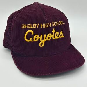 Vintage Corduroy SnapBack Hat Maroon Yellow Shelby High School Coyotes Mens Cap